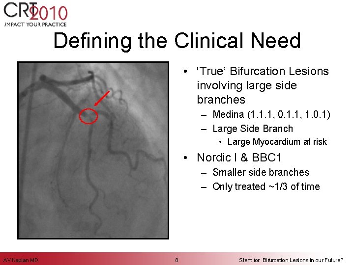 Defining the Clinical Need • ‘True’ Bifurcation Lesions involving large side branches – Medina