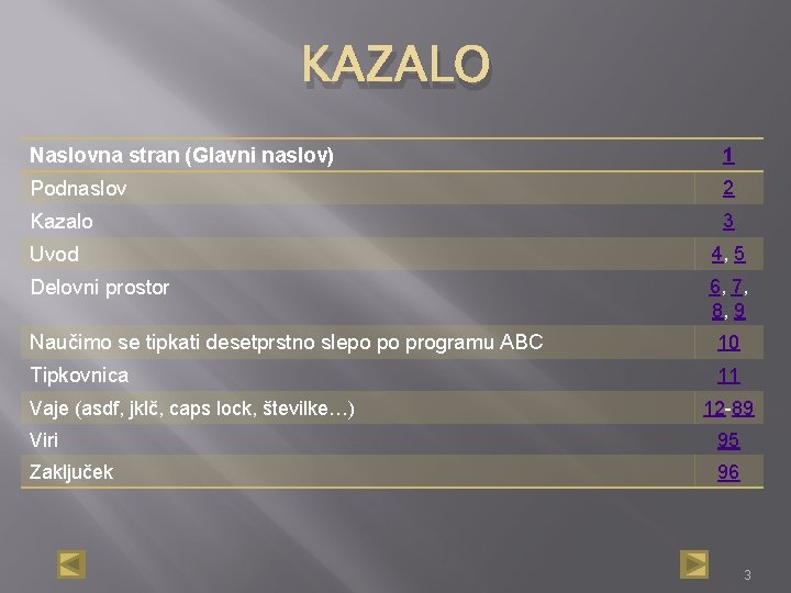 KAZALO Naslovna stran (Glavni naslov) 1 Podnaslov 2 Kazalo 3 Uvod 4, 5 Delovni