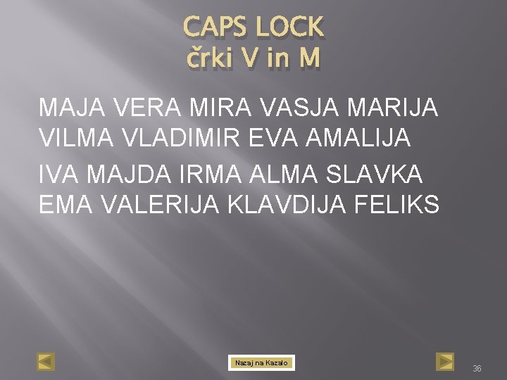 CAPS LOCK črki V in M MAJA VERA MIRA VASJA MARIJA VILMA VLADIMIR EVA