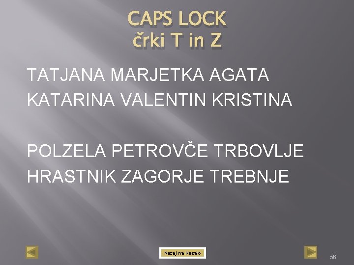 CAPS LOCK črki T in Z TATJANA MARJETKA AGATA KATARINA VALENTIN KRISTINA POLZELA PETROVČE