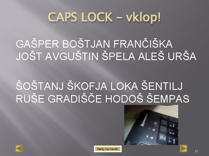 CAPS LOCK – vklop! GAŠPER BOŠTJAN FRANČIŠKA JOŠT AVGUŠTIN ŠPELA ALEŠ URŠA ŠOŠTANJ ŠKOFJA