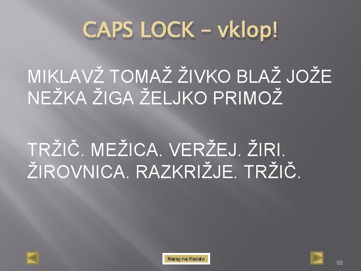 CAPS LOCK – vklop! MIKLAVŽ TOMAŽ ŽIVKO BLAŽ JOŽE NEŽKA ŽIGA ŽELJKO PRIMOŽ TRŽIČ.