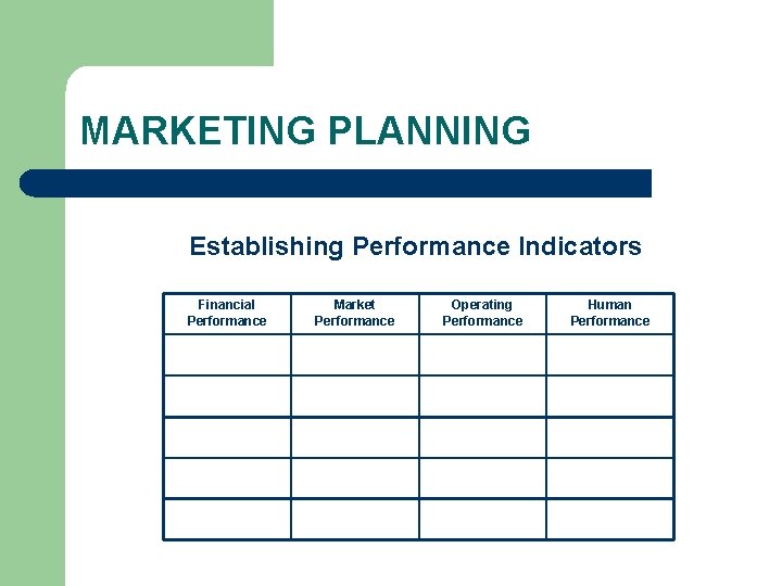 MARKETING PLANNING Establishing Performance Indicators Financial Performance Market Performance Operating Performance Human Performance 