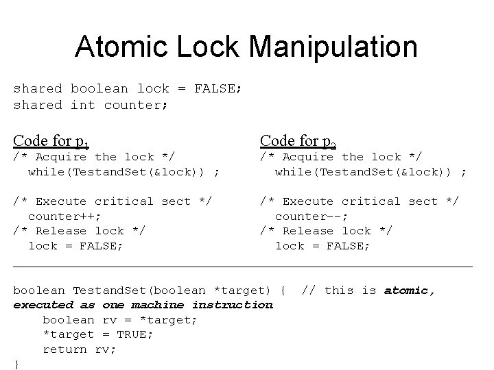 Atomic Lock Manipulation shared boolean lock = FALSE; shared int counter; Code for p