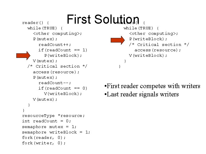 First Solution reader() { while(TRUE) { <other computing>; P(mutex); read. Count++; if(read. Count ==