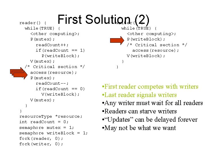 First Solution (2) reader() { while(TRUE) { <other computing>; P(mutex); read. Count++; if(read. Count