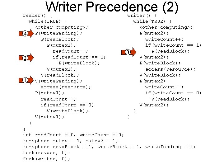 Writer Precedence (2) reader() { writer() { while(TRUE) { <other computing>; P(mutex 2); 4