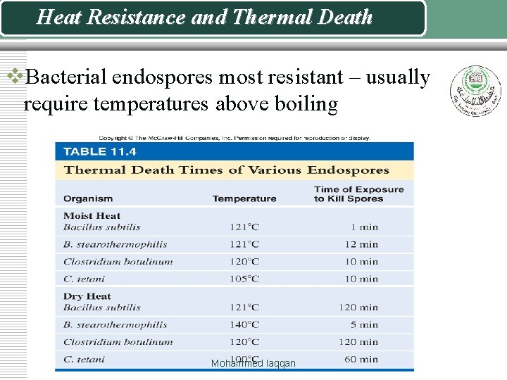 Heat Resistance and Thermal Death v. Bacterial endospores most resistant – usually require temperatures