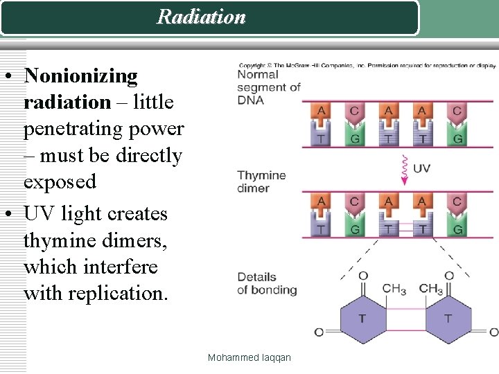 Radiation • Nonionizing radiation – little penetrating power – must be directly exposed •