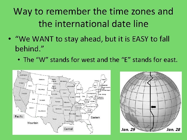 Way to remember the time zones and the international date line • “We WANT