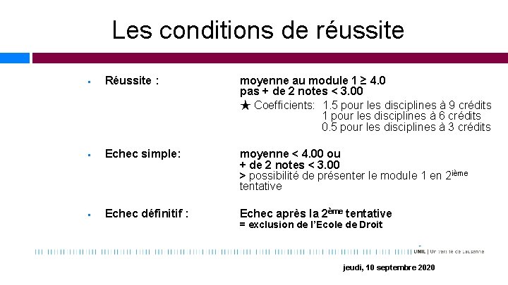 Les conditions de réussite § Réussite : moyenne au module 1 ≥ 4. 0