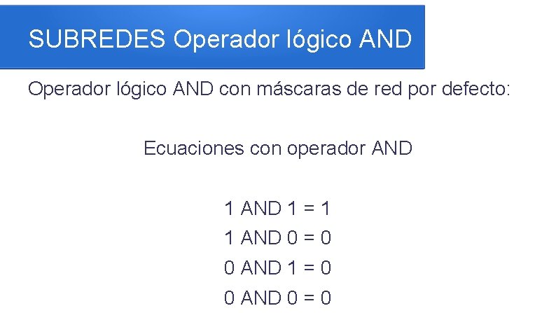 SUBREDES Operador lógico AND con máscaras de red por defecto: Ecuaciones con operador AND