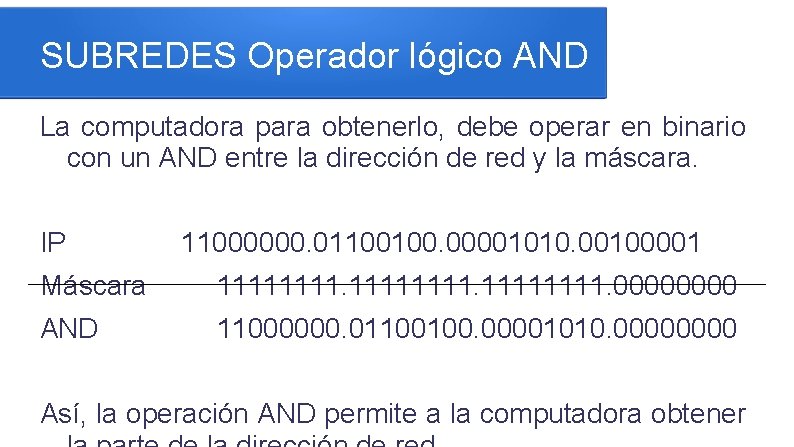 SUBREDES Operador lógico AND La computadora para obtenerlo, debe operar en binario con un