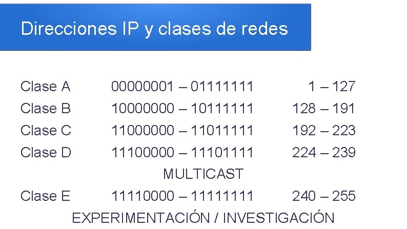 Direcciones IP y clases de redes Clase A 00000001 – 01111111 1 – 127