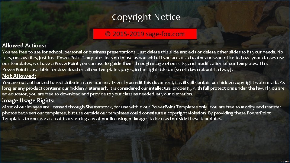 Copyright Notice © 2015 -2019 sage-fox. com Allowed Actions: You are free to use