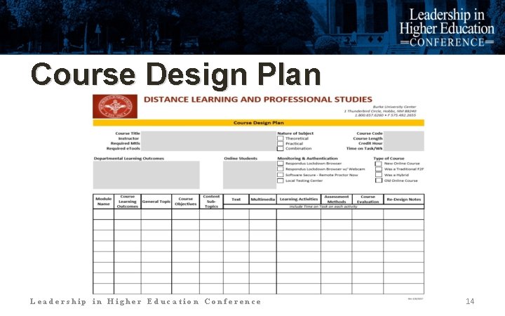Course Design Plan Leadership in Higher Education Conference 14 