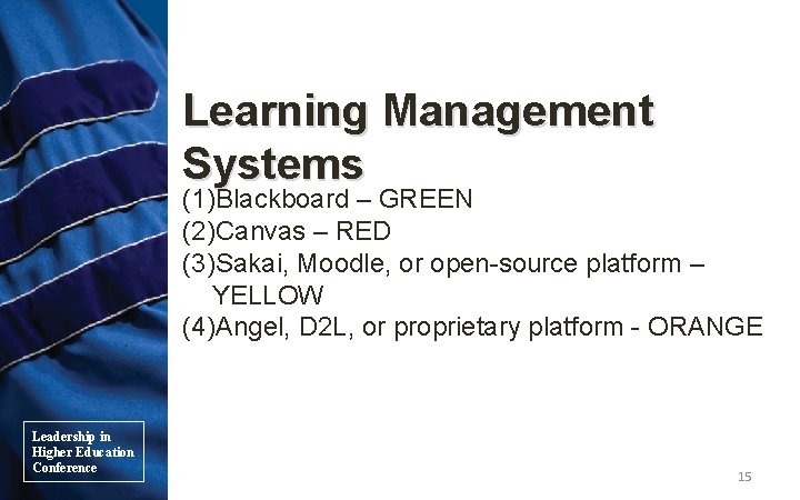 Learning Management Systems (1)Blackboard – GREEN (2)Canvas – RED (3)Sakai, Moodle, or open-source platform