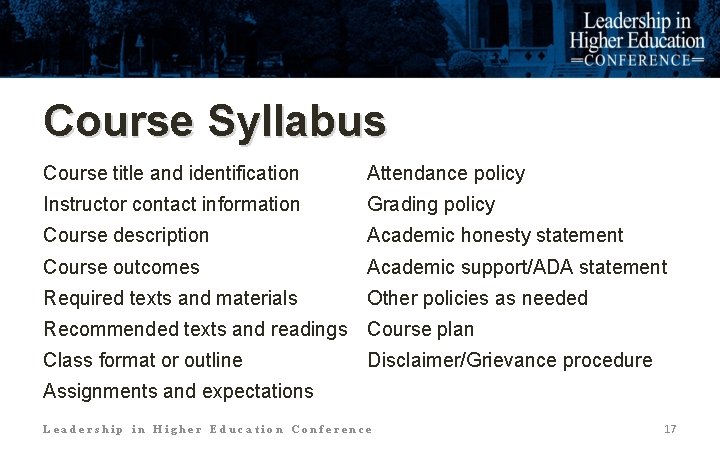 Course Syllabus Course title and identification Attendance policy Instructor contact information Grading policy Course