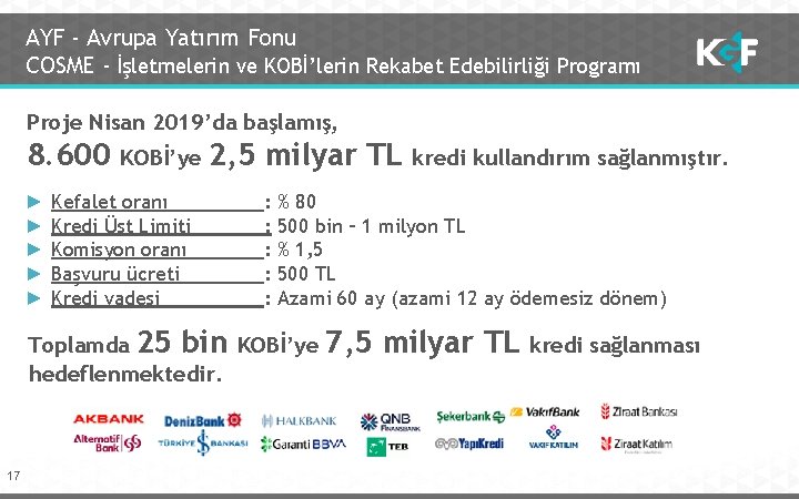 AYF - Avrupa Yatırım Fonu COSME - İşletmelerin ve KOBİ’lerin Rekabet Edebilirliği Programı Proje