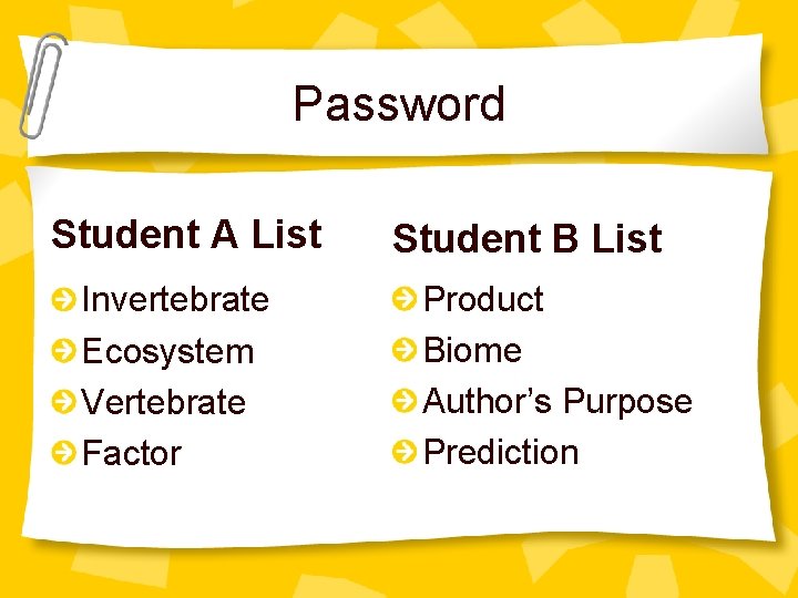 Password Student A List Invertebrate Ecosystem Vertebrate Factor Student B List Product Biome Author’s