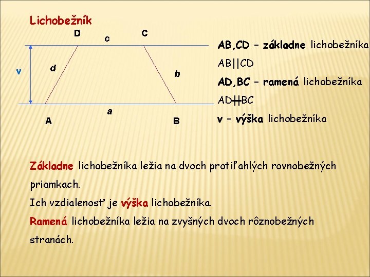 Lichobežník D v c d A C AB, CD – základne lichobežníka b a Lichobežník D v c d A C AB, CD – základne lichobežníka b a