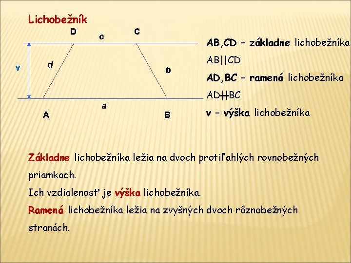 Lichobežník D v c d A C AB, CD – základne lichobežníka b a