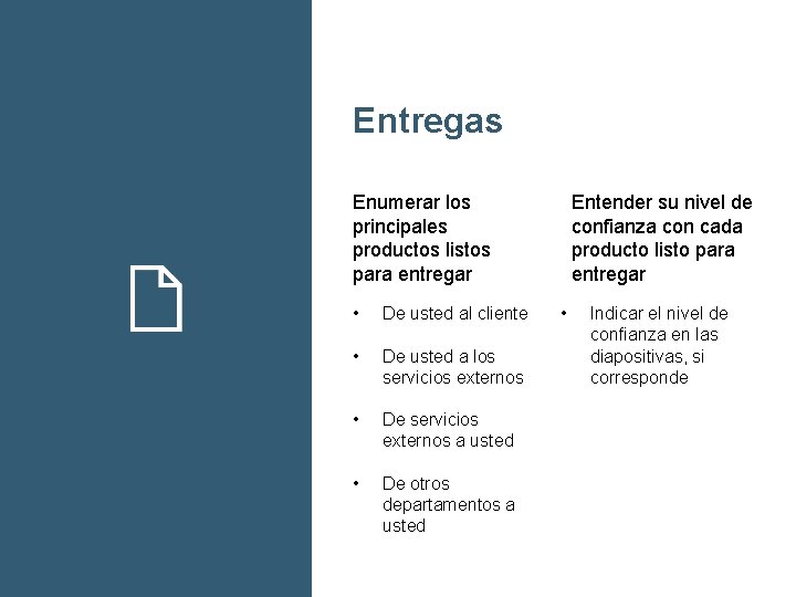 Entregas Enumerar los principales productos listos para entregar • De usted al cliente •