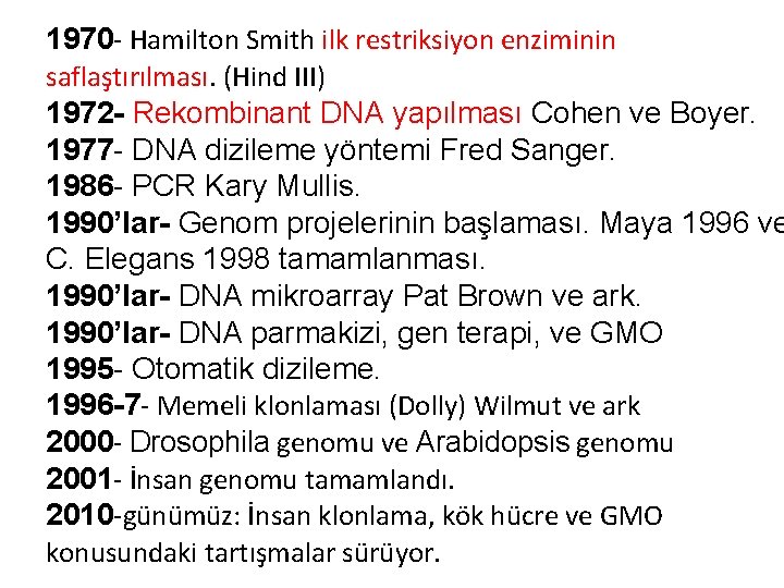 1970 - Hamilton Smith ilk restriksiyon enziminin saflaştırılması. (Hind III) 1972 - Rekombinant DNA