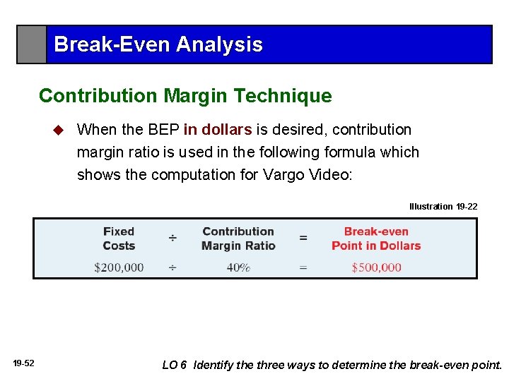 Break-Even Analysis Contribution Margin Technique u When the BEP in dollars is desired, contribution