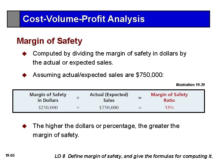 Cost-Volume-Profit Analysis Margin of Safety u Computed by dividing the margin of safety in