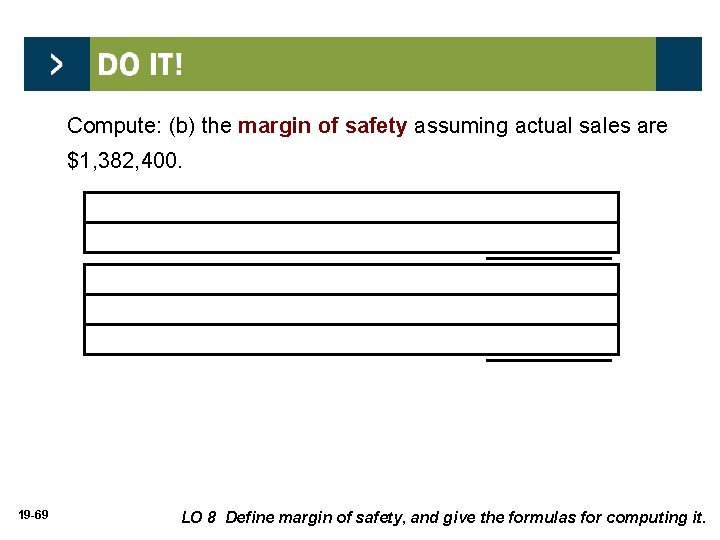 Compute: (b) the margin of safety assuming actual sales are $1, 382, 400. Actual