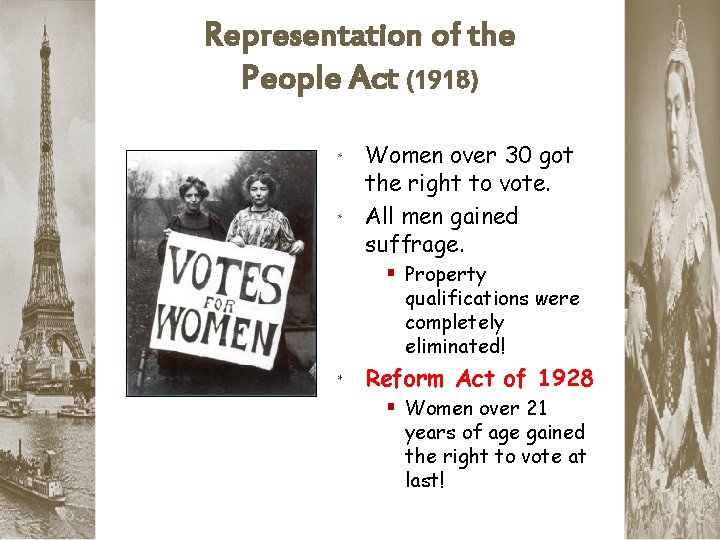 Representation of the People Act (1918) Women over 30 got the right to vote.