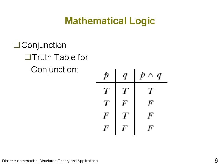 Mathematical Logic q Conjunction q. Truth Table for Conjunction: Discrete Mathematical Structures: Theory and Mathematical Logic q Conjunction q. Truth Table for Conjunction: Discrete Mathematical Structures: Theory and