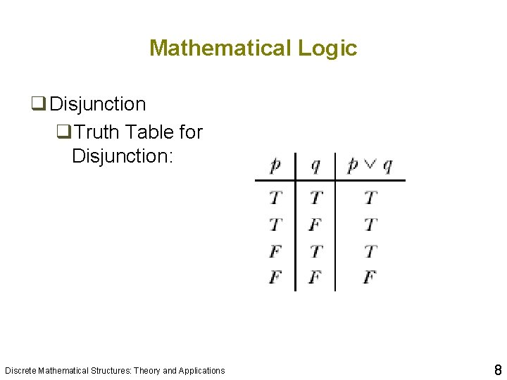 Mathematical Logic q Disjunction q. Truth Table for Disjunction: Discrete Mathematical Structures: Theory and Mathematical Logic q Disjunction q. Truth Table for Disjunction: Discrete Mathematical Structures: Theory and