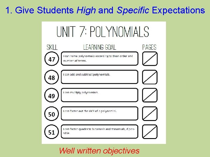 1. Give Students High and Specific Expectations Well written objectives 