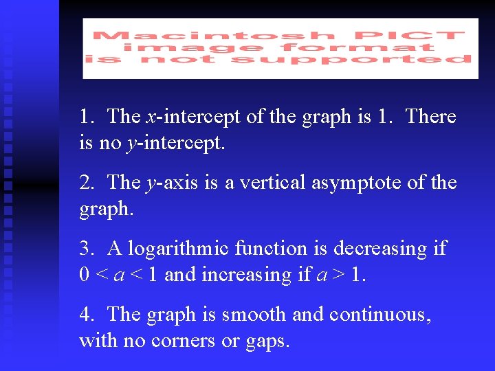 1. The x-intercept of the graph is 1. There is no y-intercept. 2. The