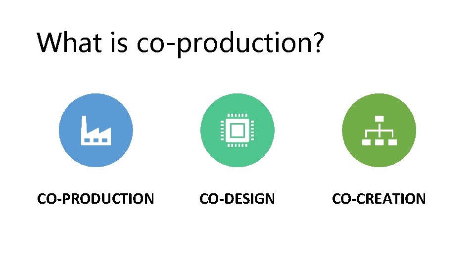 What is co-production? CO-PRODUCTION CO-DESIGN CO-CREATION 