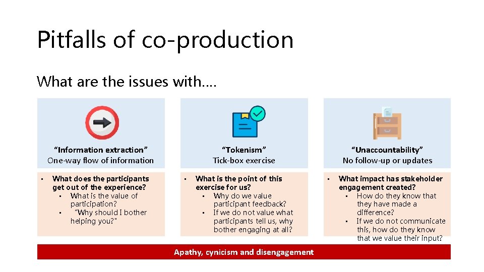 Pitfalls of co-production What are the issues with…. “Tokenism” Tick-box exercise “Information extraction” One-way