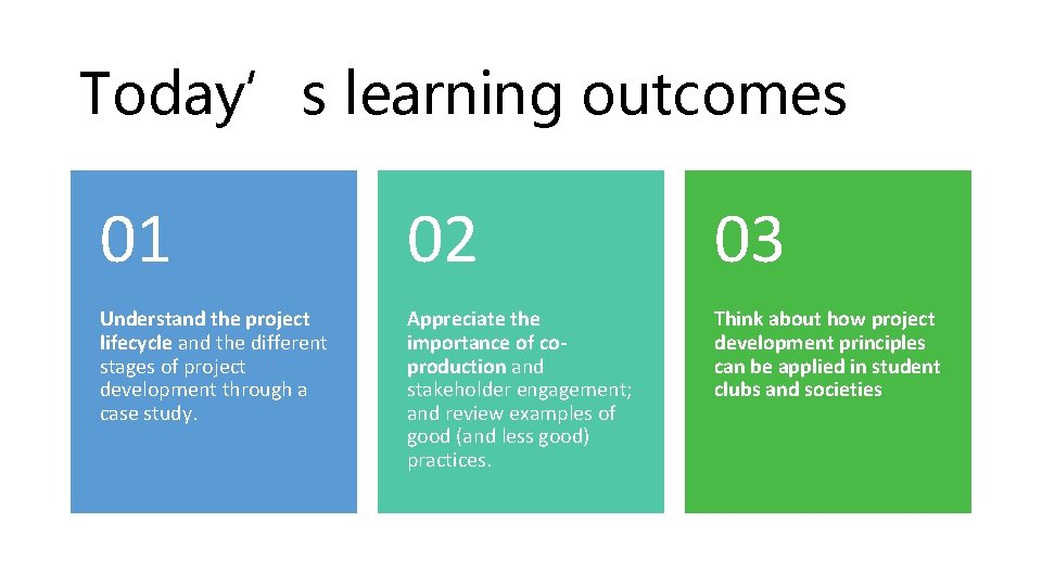 Today’s learning outcomes 01 02 03 Understand the project lifecycle and the different stages