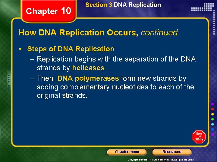 Chapter 10 Section 3 DNA Replication How DNA Replication Occurs, continued • Steps of