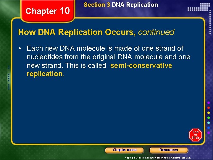 Chapter 10 Section 3 DNA Replication How DNA Replication Occurs, continued • Each new