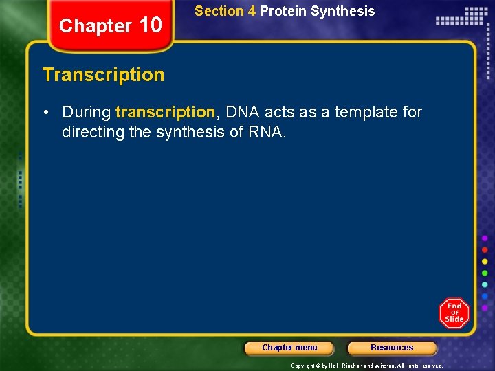 Chapter 10 Section 4 Protein Synthesis Transcription • During transcription, DNA acts as a
