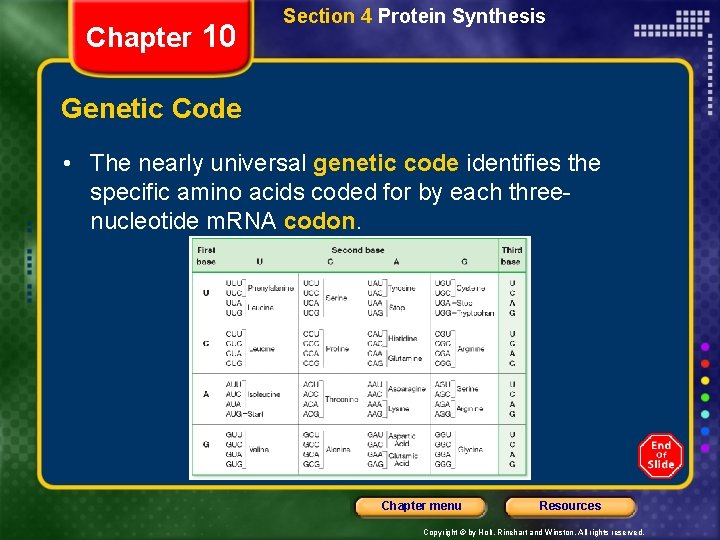 Chapter 10 Section 4 Protein Synthesis Genetic Code • The nearly universal genetic code