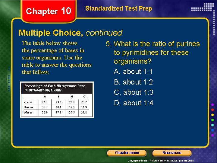 Chapter 10 Standardized Test Prep Multiple Choice, continued The table below shows the percentage