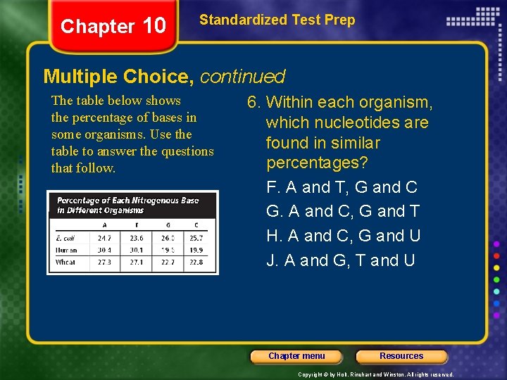 Chapter 10 Standardized Test Prep Multiple Choice, continued The table below shows the percentage