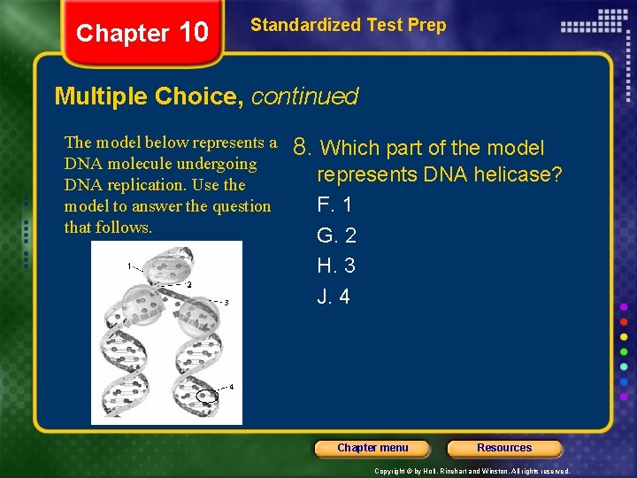 Chapter 10 Standardized Test Prep Multiple Choice, continued The model below represents a DNA