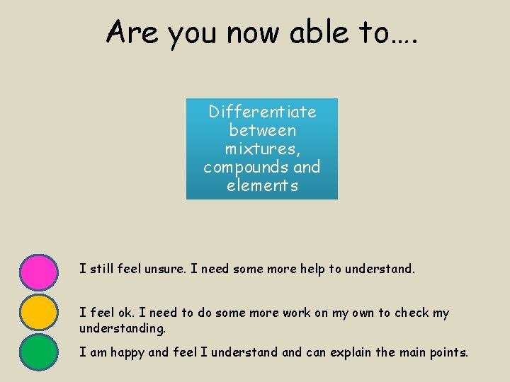 Are you now able to…. Differentiate between mixtures, compounds and elements I still feel