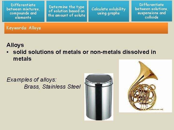 Differentiate between mixtures, compounds and elements Determine the type of solution based on the