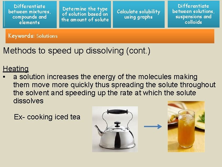 Differentiate between mixtures, compounds and elements Determine the type of solution based on the