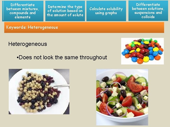 Differentiate between mixtures, compounds and elements Determine the type of solution based on the